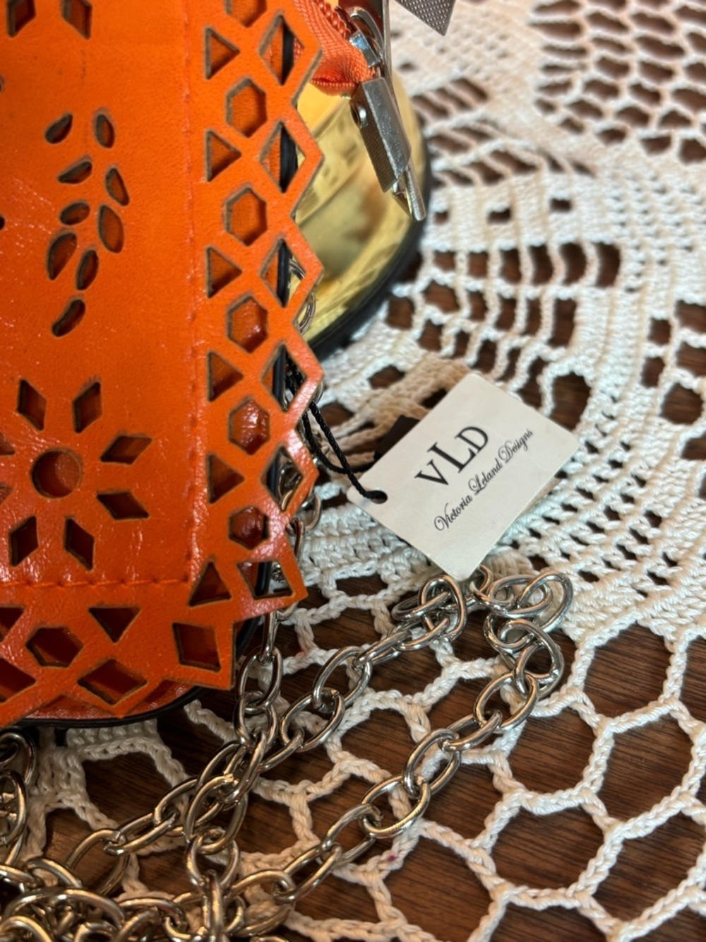 Victoria Leland Design Orange Laser-Cut Leather Crossbody Bag with Chain Strap - Picture 4 of 7